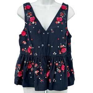 J. Crew Blue Pink Flowers Hand Embellished Linen Blend Peplum Tank Top size 12